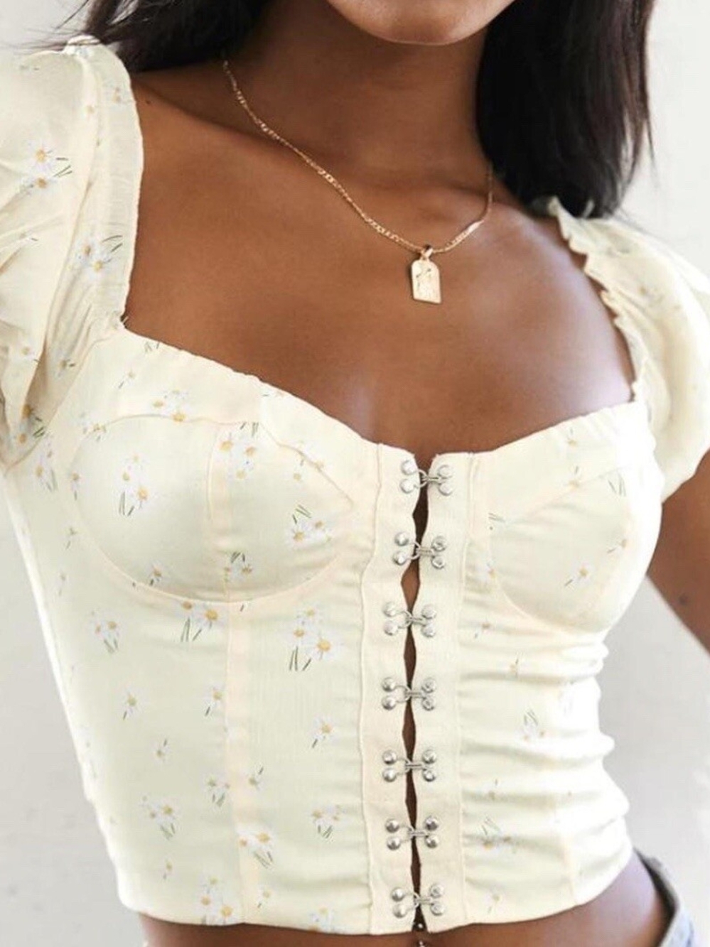 Princess Polly Light Yellow Floral Hook-Detail Puff Sleeve Crop Top